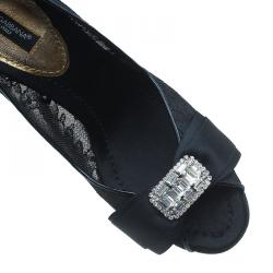 Pre Owned Dolce and Gabbana Black Lace Crystal Embellished Peep Toe Pumps Size 36.5