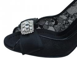 Pre Owned Dolce and Gabbana Black Lace Crystal Embellished Peep Toe Pumps Size 36.5