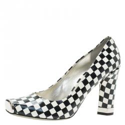Pre Owned Dolce and Gabbana Black and White Checkered Leather Square Toe Pumps Size 39