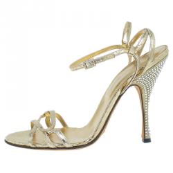 Pre Owned صندل دولتشي أند غابانا جلد ذهبي ميتاليك بسيور كريستال مزخرف مقاس 39