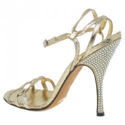 Pre Owned صندل دولتشي أند غابانا جلد ذهبي ميتاليك بسيور كريستال مزخرف مقاس 39