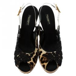 مملوكة مسبقًا صندل دولتشي أند غابانا شعر حصان نقشة الفهد ، بلاستيك PVC، ودانتيل بفتحة كعب مقاس 38.5