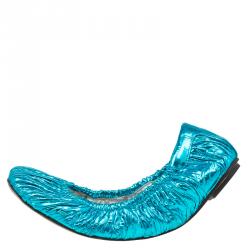 Pre Owned Dolce and Gabbana Metallic Blue Scrunch Ballet Flats Size 40
