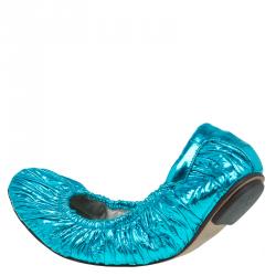 Pre Owned Dolce and Gabbana Metallic Blue Scrunch Ballet Flats Size 40