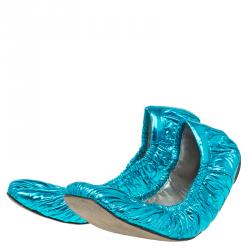 Pre Owned Dolce and Gabbana Metallic Blue Scrunch Ballet Flats Size 40