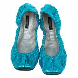 Pre Owned Dolce and Gabbana Metallic Blue Scrunch Ballet Flats Size 40