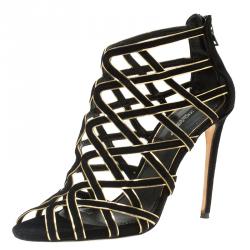 Pre Owned Dolce and Gabbana Black Suede and Gold Leather Strappy Sandals Size 38