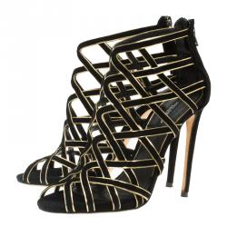Pre Owned Dolce and Gabbana Black Suede and Gold Leather Strappy Sandals Size 38