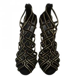 Pre Owned Dolce and Gabbana Black Suede and Gold Leather Strappy Sandals Size 38