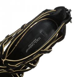 Pre Owned Dolce and Gabbana Black Suede and Gold Leather Strappy Sandals Size 38