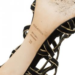 Pre Owned Dolce and Gabbana Black Suede and Gold Leather Strappy Sandals Size 38