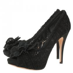 Pre Owned حذاء كعب عالي دولتشي أند غابانا وردة سوداء مزينة بمقدمة مفتوحة مقاس 37.5