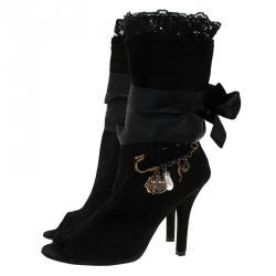 مملوكة مسبقًا بوت للكاحل دولتشي أند غابانا سويدي أسود بدلايات مزينة ومقدمة مفتوحة مقاس 36