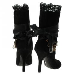 مملوكة مسبقًا بوت للكاحل دولتشي أند غابانا سويدي أسود بدلايات مزينة ومقدمة مفتوحة مقاس 36