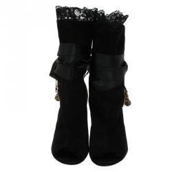 مملوكة مسبقًا بوت للكاحل دولتشي أند غابانا سويدي أسود بدلايات مزينة ومقدمة مفتوحة مقاس 36