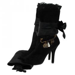مملوكة مسبقًا بوت للكاحل دولتشي أند غابانا سويدي أسود بدلايات مزينة ومقدمة مفتوحة مقاس 36