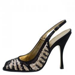 Pre Owned Dolce and Gabbana Black and Beige Sequins Slingback Sandals Size 36.5