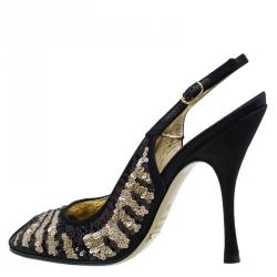 Pre Owned Dolce and Gabbana Black and Beige Sequins Slingback Sandals Size 36.5