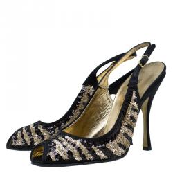 Pre Owned Dolce and Gabbana Black and Beige Sequins Slingback Sandals Size 36.5