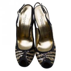 Pre Owned Dolce and Gabbana Black and Beige Sequins Slingback Sandals Size 36.5
