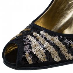 Pre Owned Dolce and Gabbana Black and Beige Sequins Slingback Sandals Size 36.5