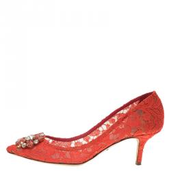 Pre Owned Dolce and Gabbana Coral Taormina Lace Crystal Embellished Pumps Size 38.5