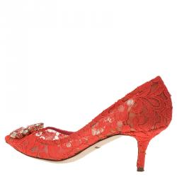 Pre Owned Dolce and Gabbana Coral Taormina Lace Crystal Embellished Pumps Size 38.5