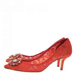 Pre Owned Dolce and Gabbana Coral Taormina Lace Crystal Embellished Pumps Size 38.5