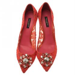 Pre Owned Dolce and Gabbana Coral Taormina Lace Crystal Embellished Pumps Size 38.5
