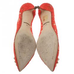 Pre Owned Dolce and Gabbana Coral Taormina Lace Crystal Embellished Pumps Size 38.5