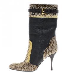 مملوكة مسبقًا Dolce and Gabbana Black Leather and Beige Python Mid Calf Boots Size 37