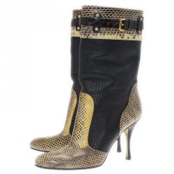 مملوكة مسبقًا Dolce and Gabbana Black Leather and Beige Python Mid Calf Boots Size 37