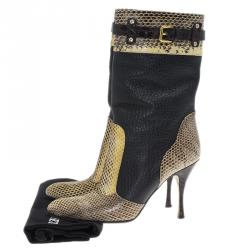 مملوكة مسبقًا Dolce and Gabbana Black Leather and Beige Python Mid Calf Boots Size 37