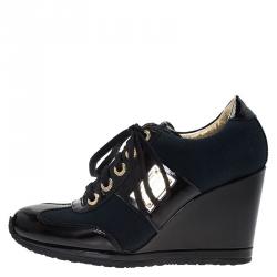 Pre Owned Dolce and Gabbana Black Patent Leather and Navy Blue Canvas Wedge Sneakers Size 36