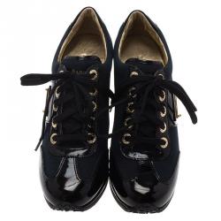 Pre Owned Dolce and Gabbana Black Patent Leather and Navy Blue Canvas Wedge Sneakers Size 36