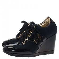 Pre Owned Dolce and Gabbana Black Patent Leather and Navy Blue Canvas Wedge Sneakers Size 36