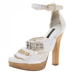 Pre Owned Dolce and Gabanna White Raffia and Fabric Woven Embellished Ankle Strap Platform Sandals Size 37