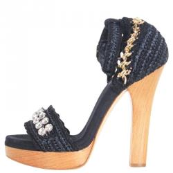 Pre Owned صندل دولتشي أند غابانا أزرق رافية مزخرفة بحزام للكاحل نعل سميك مقاس 40