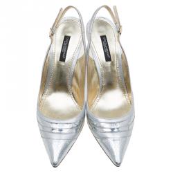 مملوكة مسبقًا Dolce and Gabbana Silver Pyhton and Leather Pointed Toe Slingback Sandals Size 36.5