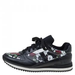 Pre Owned Dolce and Gabbana Black Rose Print Leather Sneakers Size 41