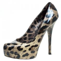 مملوكة مسبقًا حذاء كعب عالي دولتشي آند غابانا جلد لامع نقشة الفهد نعل سميك مقاس 40