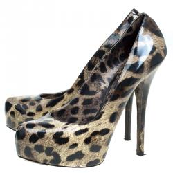 مملوكة مسبقًا حذاء كعب عالي دولتشي آند غابانا جلد لامع نقشة الفهد نعل سميك مقاس 40