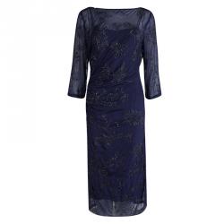 Dries Van Noten Navy Blue Embellished Draped Dress M