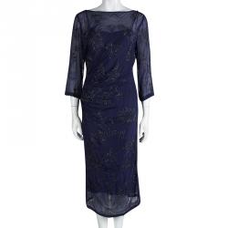 Dries Van Noten Navy Blue Embellished Draped Dress M