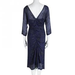 Dries Van Noten Navy Blue Embellished Draped Dress M