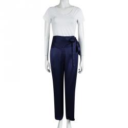 Dries van Noten Blue Satin Front Tie Detail Pants M