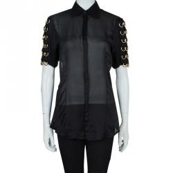 Pre Owned Dsquared2 Black Silk Gold D-Ring Embellishment Detail Sheer Blouse M