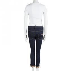 Pre Owned Dsquared2 Blue Dark Wash Denim Cropped Metallic Hem Jeans S