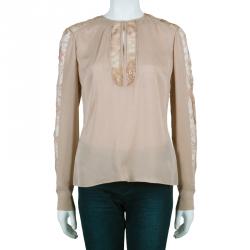Pre Owned Elie Saab Nude Silk Lace-Detail Full Sleeve Top M