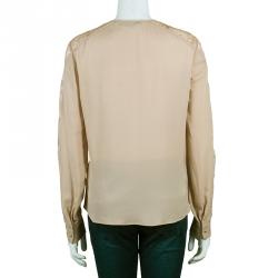 Pre Owned Elie Saab Nude Silk Lace-Detail Full Sleeve Top M